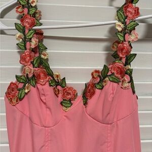 SHEIN Pink Dress with Red Floral Embroidery